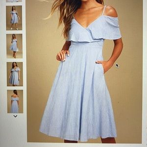 Blue White Striped Off-the-Shoulder Midi Dress NWT